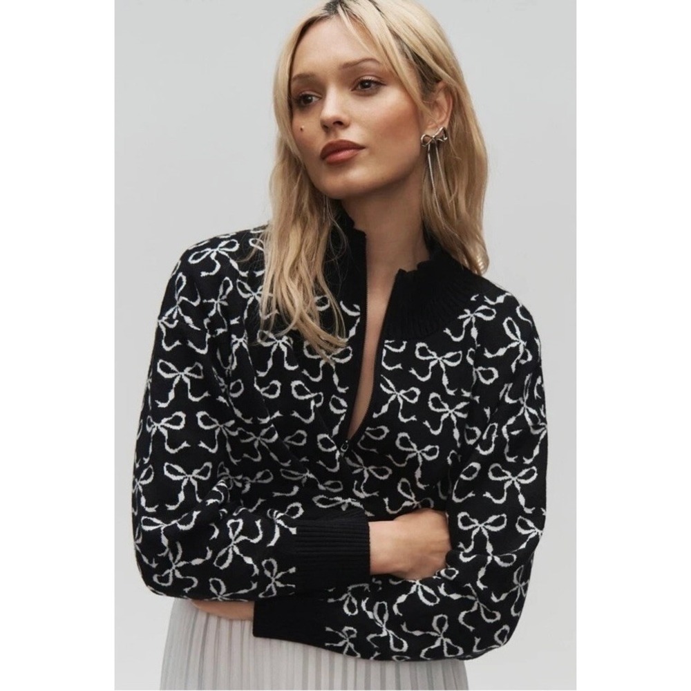 Anthropologie MAEVE Montana Bow Print Sweater Knit Mock Neck Half Zip Large‎